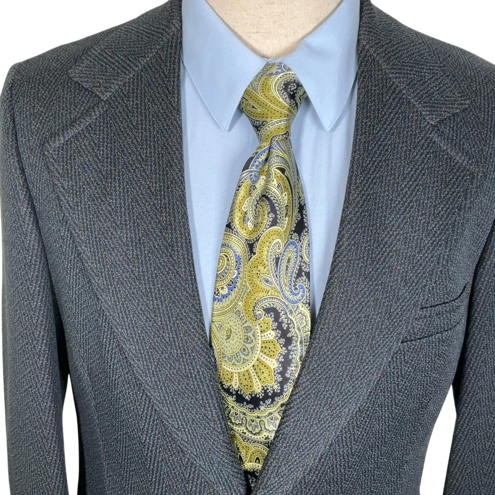 B Bonds Blazer Men 39R Blue Herringbone Two Button 70s Wide Lapel Polyester VTG‎